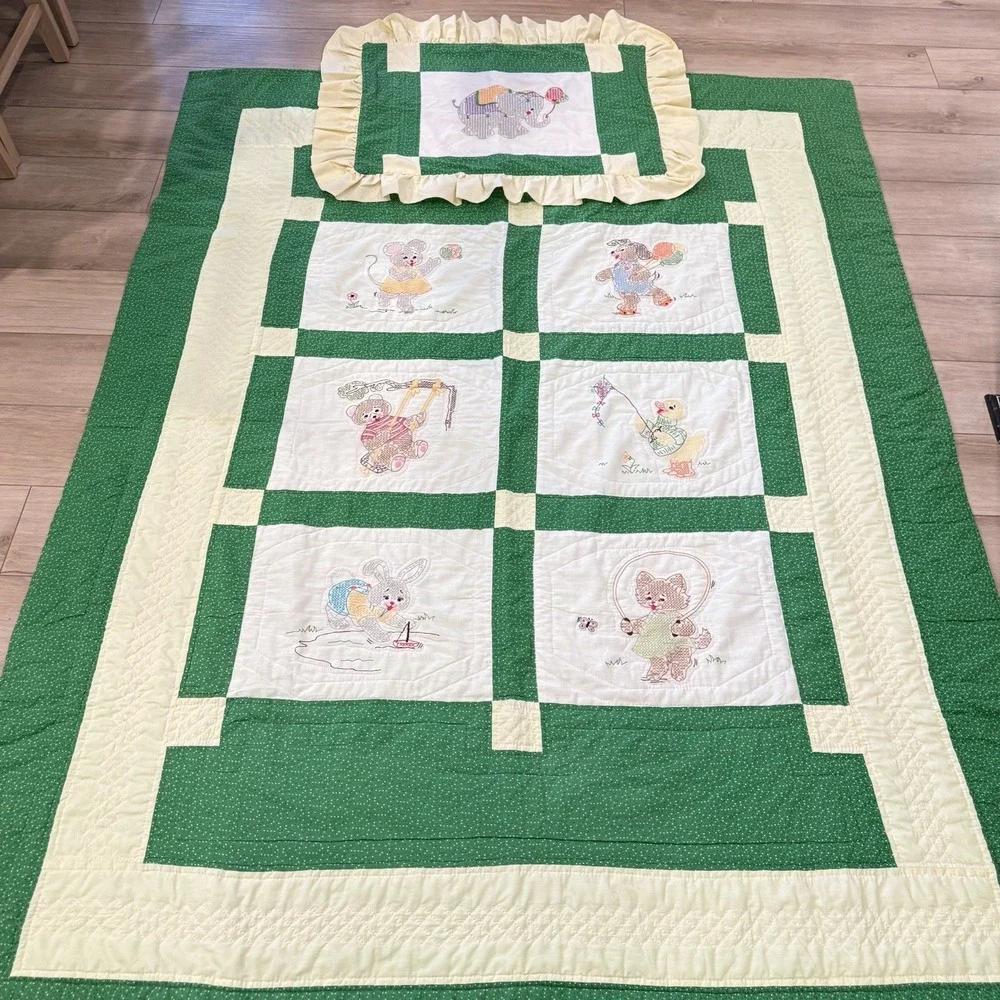 Handmade Vintage Embroidered Animal Quilt Twin Nursery Bunny Duck Green 50x64